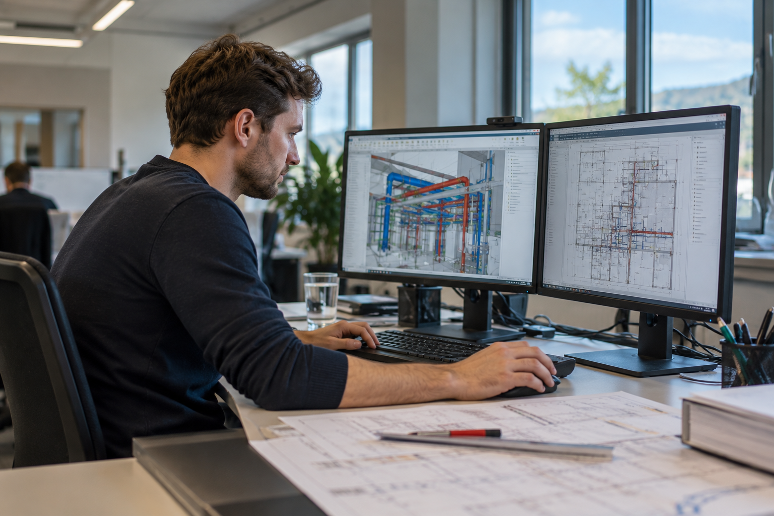 Mitarbeiter in der Gebäudetechnik bei der Projektarbeit