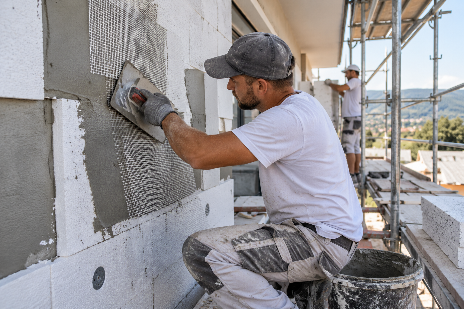 WDVS-Arbeiten auf einer Baustelle